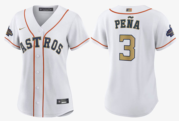 Women's Houston Astros #3 Jeremy Peña White 2023 Gold Collection With World Serise Champions Patch Stitched Jersey(Run Small)